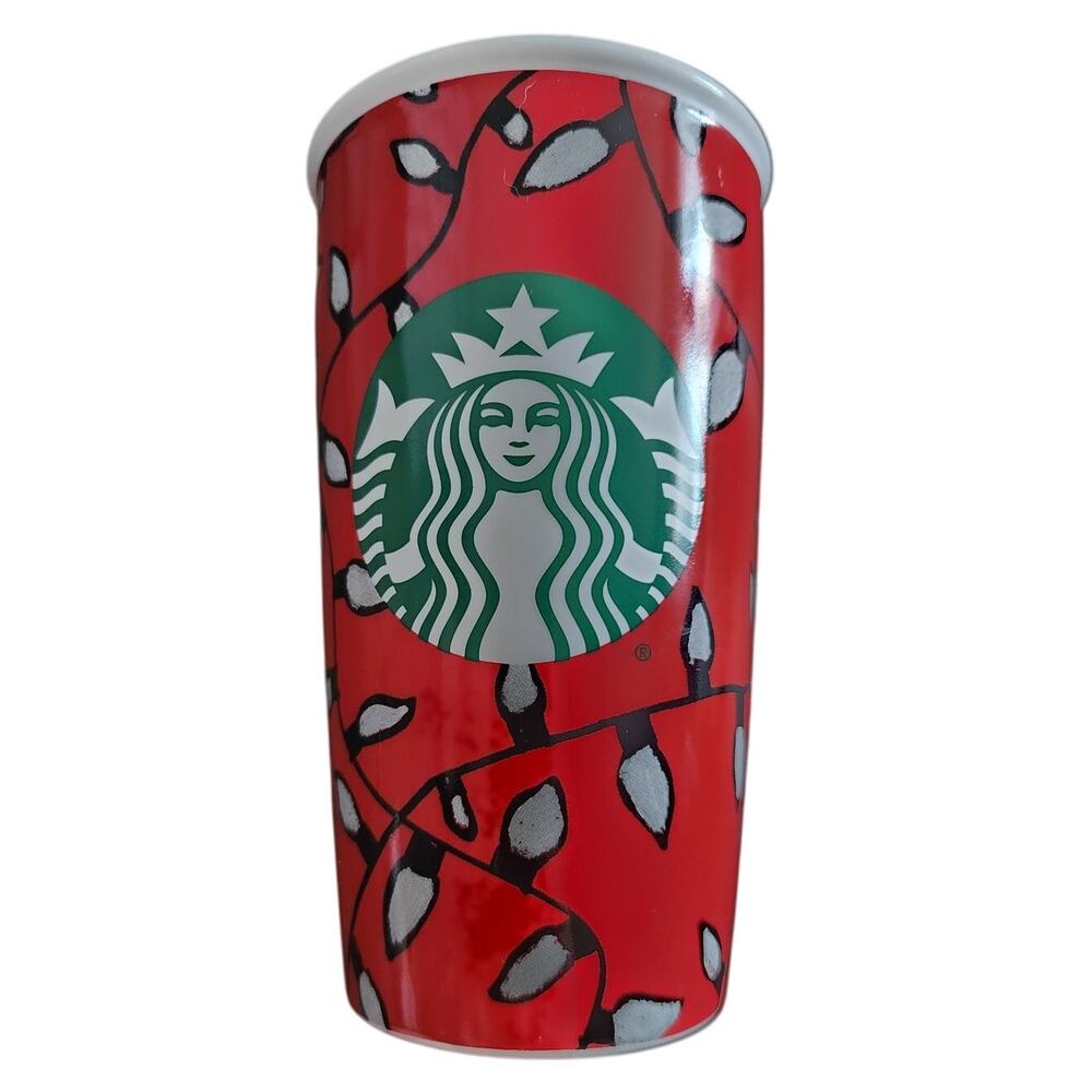 2016 Starbucks Red Holiday Christmas Lights Ceramic Travel Mug 12oz